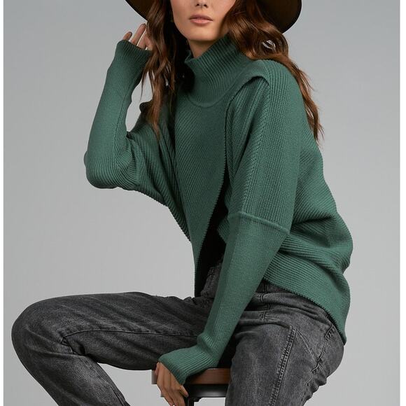 Elan Keegan Green Cable Knit Ribbed Criss-Cross Front High Neck Relaxed Sweater - Picture 4 of 9